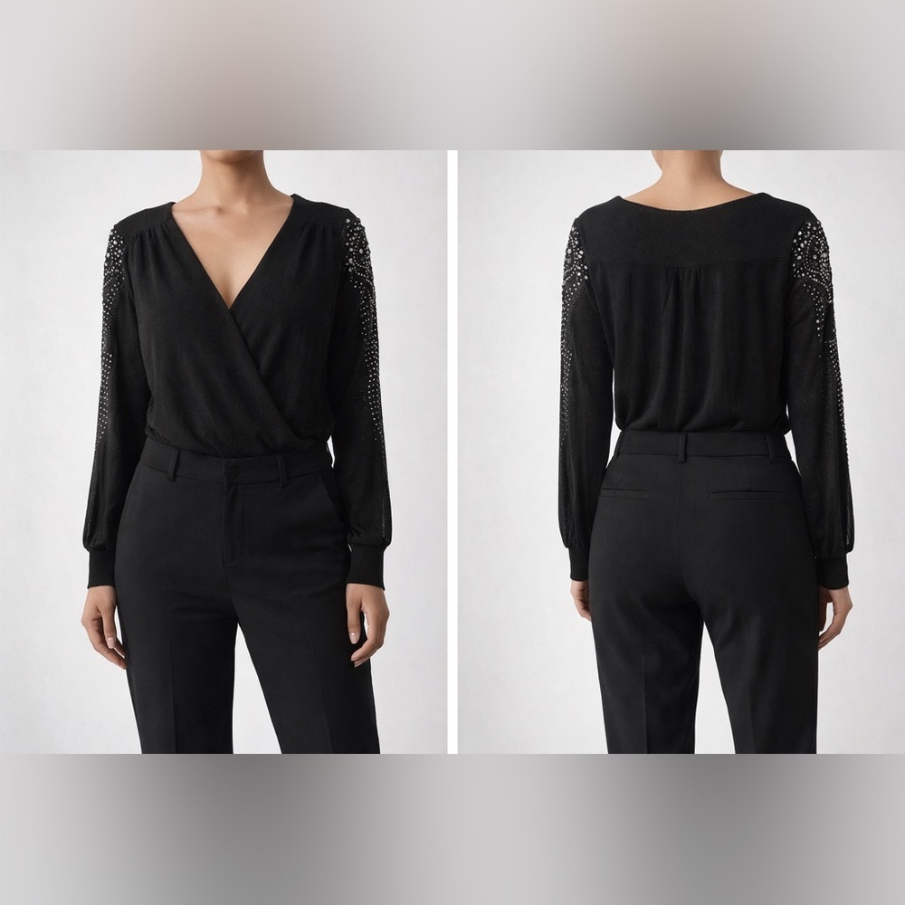 Ember Bodysuit Long Sleeve V-Neck Black Rhinestone Sleeve Size M NWOT